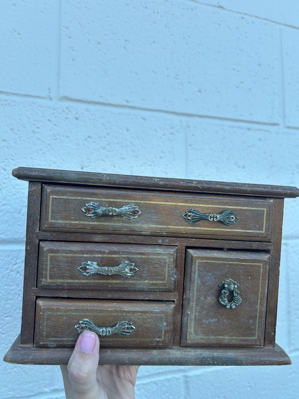 vintage small wooden jewelry box three small drawers and a side cabinet door